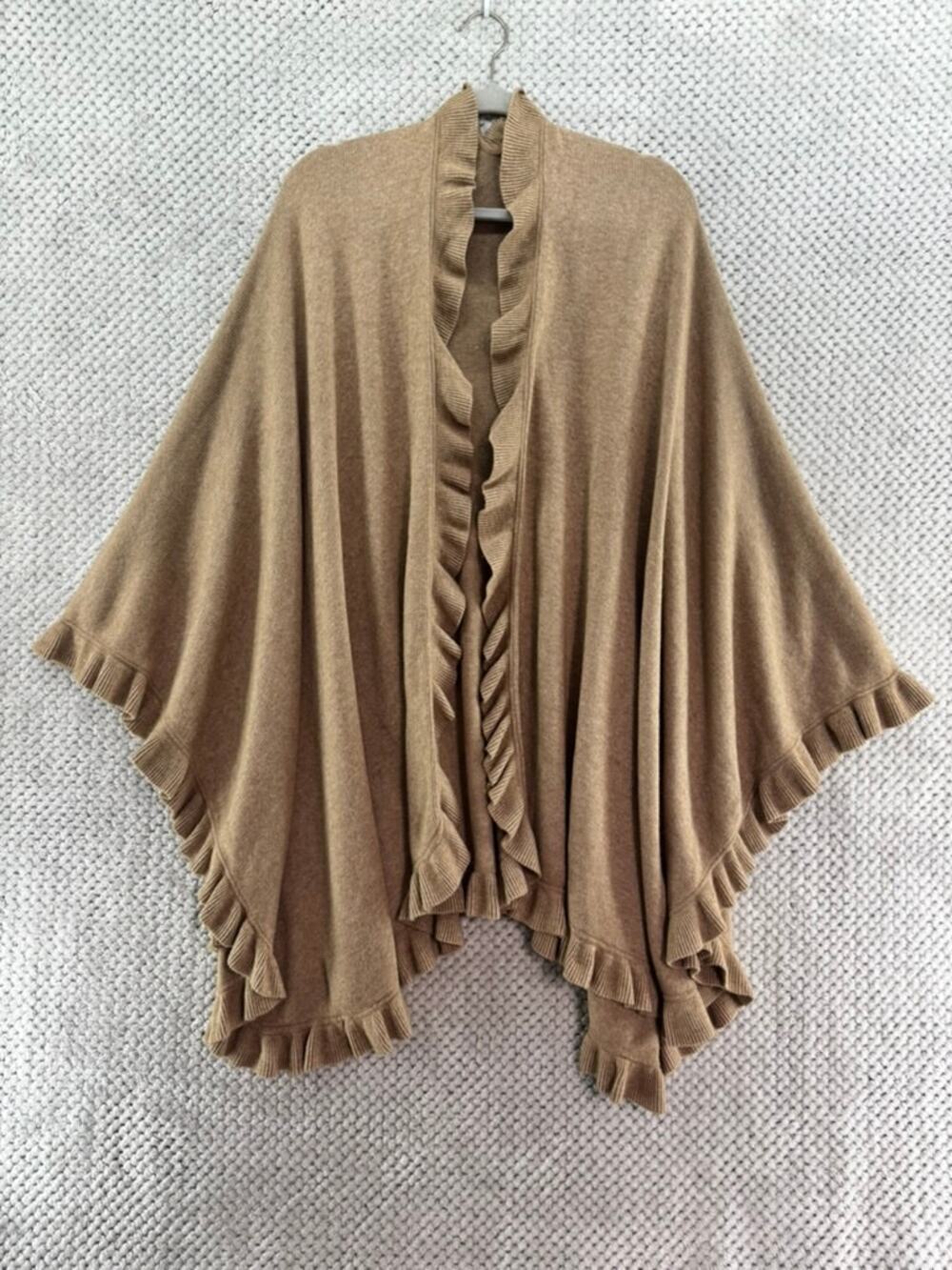 Talbots Ruffle Trim Open Front Poncho Wrap Camel Tan Wool Cashmere Blend OS